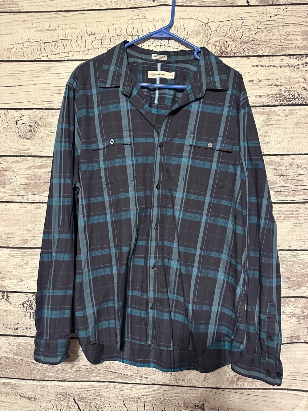 Calvin Klein Plaid Button Down Shirt Men’s XL Blue Gray L/S Cotton Casual